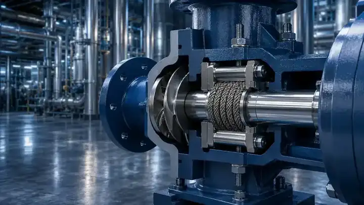 Pump shaft with braided compression packing rings held by a gland follower